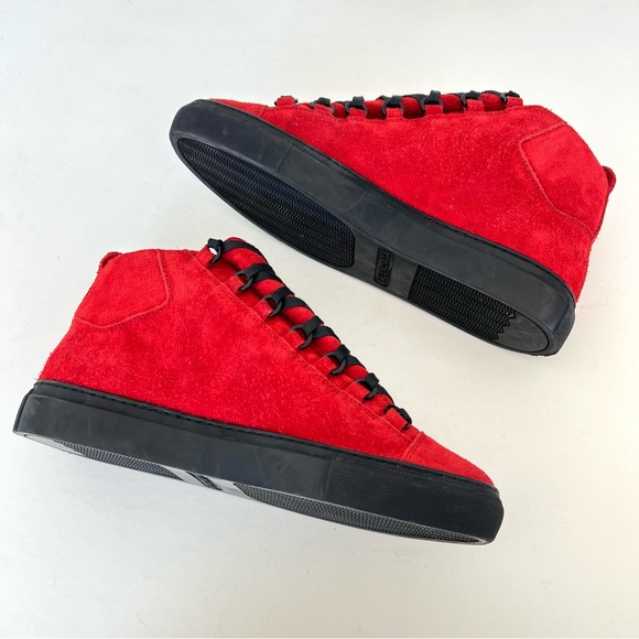BALENCIAGA Arena Pavot Red Suede Black Trim High Top Lace Up Sneakers Sz 39 - Picture 7 of 16